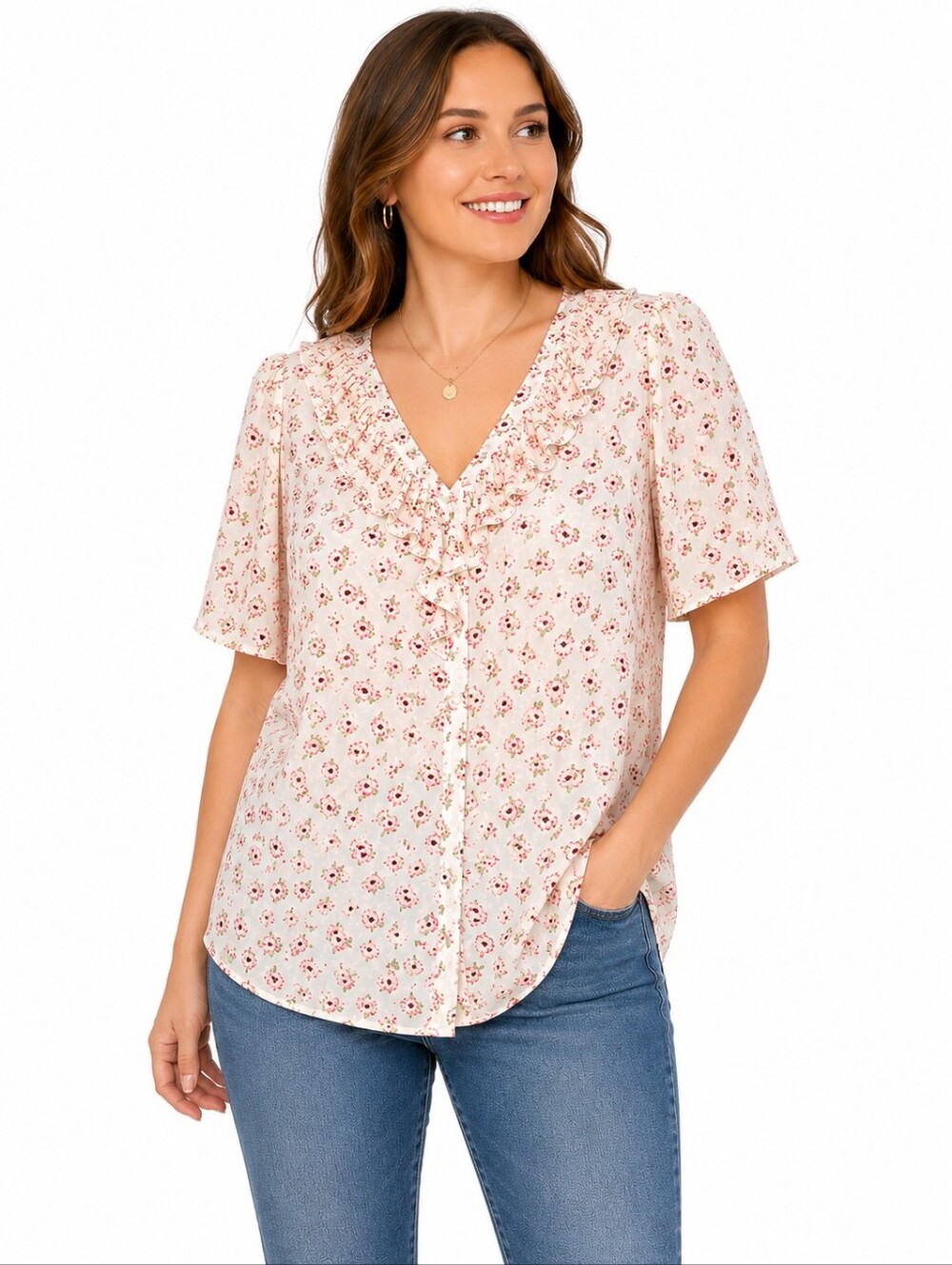 Pleione Floral Ruffle Blouse Women's Medium Pink Ivory Short Sleeve V-Neck Top